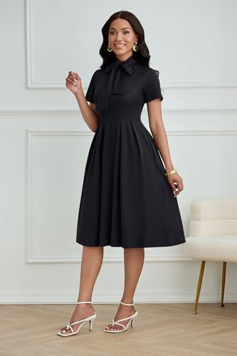 FANDEE Women's Elegant Casual Short Sleeve A-line Semi Formal Fit and Flare Dress Classy Tie Neck Work Party Dress4