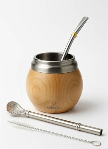 balibetov Calabaza Moderna - Juego Yerba Mate Gourd (Taza Mate) - Doble pared de acero inoxidable 18/8 - Incluye dos bombillas y un cepillo de limpieza (Madera)