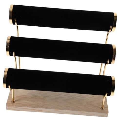 Parliky Soporte de Exhibición de Joyería Base de Madera y Columnas Doradas Organizador Desmontable para Pulseras Relojes y Brazaletes Protector de Terciopelo Negro para Uso Tocador