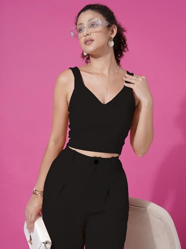 Selvia Women's Co-ords Set|Lycra V-Neck Solid Crop Top and Pant