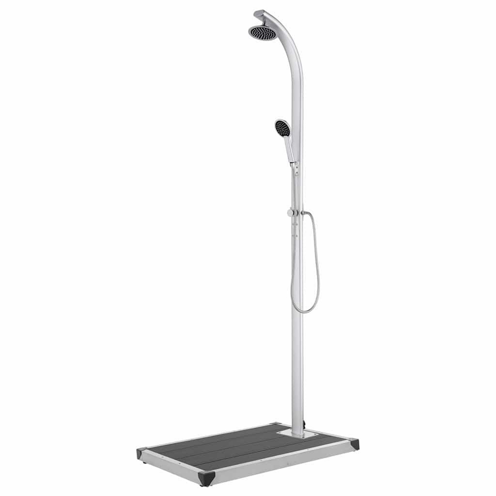 Ducha de jardín con base gris de aluminio de 220 cm de alto, incluye ducha de mano con manguera de 1,5 m, placa de suelo WPC de 80 x 62 cm, ideal para jardín, piscina, terraza