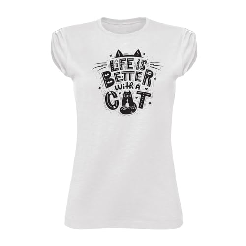 T Shirt Donna T-Shirt Life is Better Vita Bella Gatto Gatti Simpatica Divertente Regalo Compleanno Anniversario Maglietta Maglia 100% Cotone (IT, Testo, M, Regular, Regular, 7)