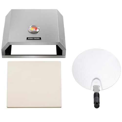 George Foreman Pizza Oven 12 BBQ Grill Top with Paddle Suitable on Charcoal and Gas BBQs Ceramic Pizza Stone Foldable Pizza Paddle Enamelled Base Stainless Steel GFPO1SSPC