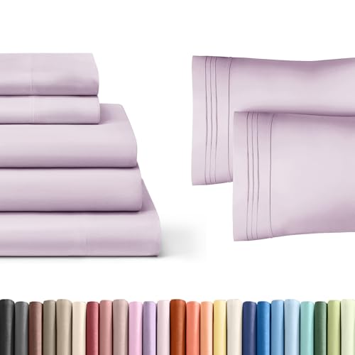 CGK Linens Light Lavender Fitted Sheet & Pillowcase Bedding Bundle (Split King Size) - Bed Set Includes Split King Fitted Sheet w/Deep Pockets & King Pillowcases - Cooling Sheets & Pillowcase Bedding S