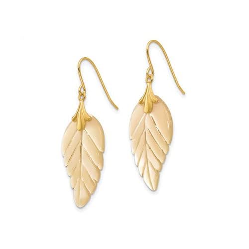 14k Yellow Gold and Mother of Pearl Leaf Dangle Drop Earrings2