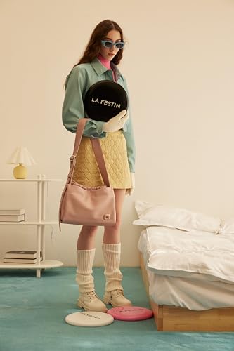 LAFESTIN PU Leather Shoulder Bag For Women, Stylish Women's Shoulder Handbags with Adjustable Strap, Drawstring Closure, Inner Zipper Pocket, Peach2