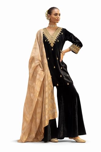 Image of FIORRA Women Black Ice Velvet Embroidered Kurta Set with Dupatta