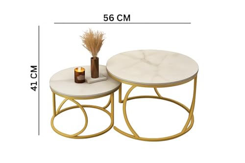 Image of Round End Table Set of Two Coffee Tables with Engineered Wood Top and Metal Frame, Contemporary Accent Side Table for Office, Bedroom, or Living Room Golden White