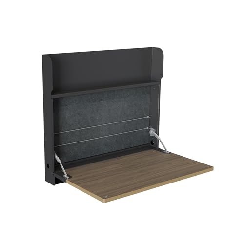 Vari Hide-Away Wall Mounted Floating Desk - 32” Foldable Murphy-Style Desk for Bedroom, Dorm, Apartment + Cable Ports, Bungee Storage, Shelf, 100 Lb Capacity + Simple Assembly (Slate/Walnut)