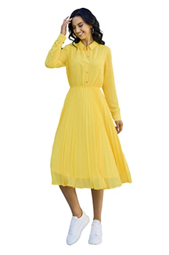 Image of Business Casual Shirt Dress for Women Long Sleeves Pleated Midi Dresses with Belt