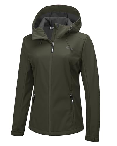 Outdoor Ventures Damen Wasserdichte Softshelljacke Winddichte Übergangsjacke mit Kapuze Leichte Sportjacke Funktionsjacke zum Radfahren, Wandern, Grün Tan 46