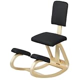HOMCOM Sedia Ergonomica a Inginocchiatoio Imbottita 51x84x93 cm Nero | Movimento a Dondolo, Posturale, Tessuto Effetto Lino, Legno di Betulla