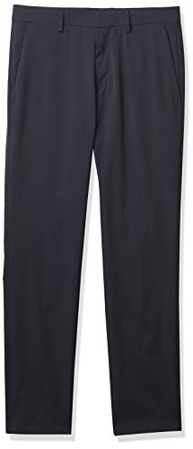 Kenneth Cole REACTION Men's Technicole Stretch Plain Weave Slim Fit Flat Front Flex Waistband Dress Pant, Dark Blue, 38 X 32