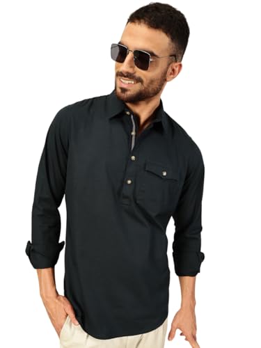 Chemise Kurta homme coupe slim lin coton manches longues col écarté style solide respirant