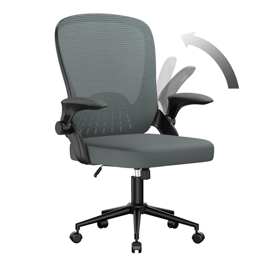naspaluro Silla de Oficina, Silla Escritorio con Reposabrazos Plegables a 90°, Cojín de Asiento Engrosado y Ensanchado, Altura Regulable, Tejido de Malla Transpirable, Rotación de 360°, Gris Oscuro