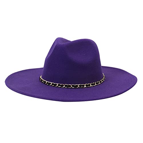 Fedora Hat For Women Big Brim Wool Fedora Hats Men Vintage Wide Brim Felt Jazz Hat Black Formal Dress Cap Sombrero 9.5Cm Purple #TOP16