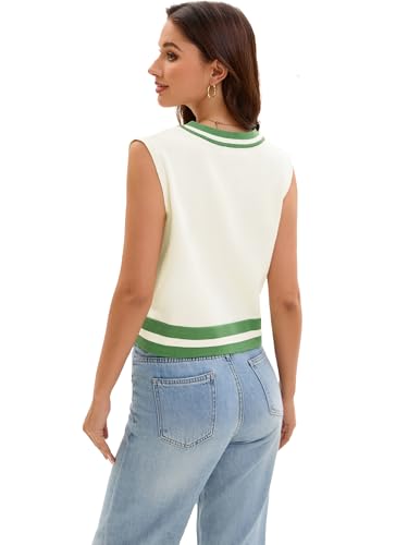 Image of Womens Cropped Sweater Vest V Neck Sleeveless Loose Fit Tank Tops Striped Knit Lightweight Pullover Fall Sweaters