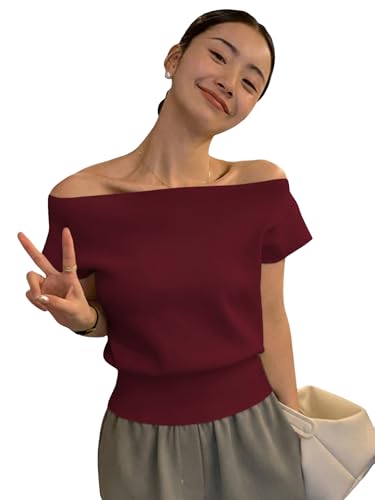Image of WDIRARA Women's Off The Shoulder Tops Casual Short Sleeve Tunic T Shirts Lightweight Knit Sweaters