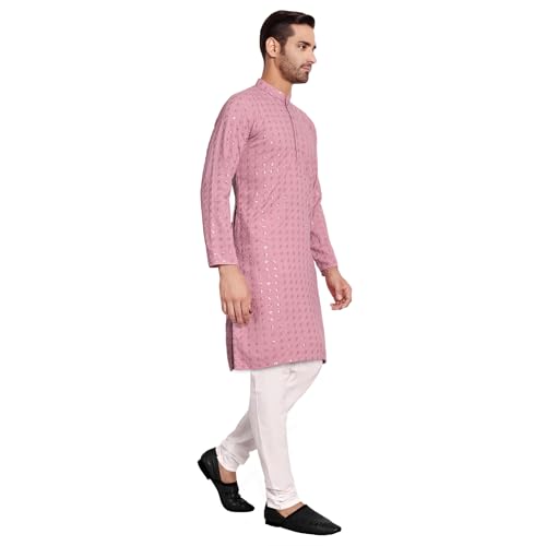 Image of Rayon Ethnic Wear Full Chikankari Sequin Embroidery Mirror Work Traditional Straight Kurta Pyjama Set for Men