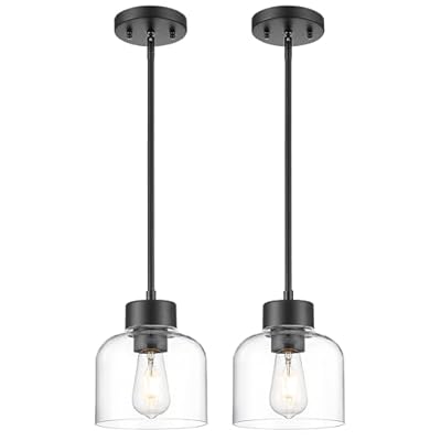 Audickic 2-Pack Pendant Lights Kitchen Island, 7" Matte Black Hanging Lights Fixtures with Clear Glass Shade, Modern Kitchen Pendant Lighting Over Island for Dining Room, AD-24024-1P2-BK
