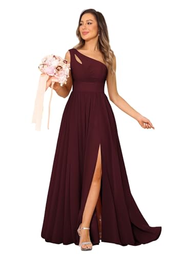 YOFF One Shoulder Bridesmaid Dresses with Slit Long A-line Pleated Chiffon Formal Party Dresses YO037