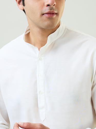 Image of SleepZ by Raymond Men Comfort Fit Solid Pattern Cotton Polyester Blend Mandrin Collar Kurta Set