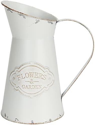 Belle Vous Rustic White Metal Flower Pitcher Vase - D11.3 x H20cm / 4.45 x 7.87 Inches - Galvanized Vintage Shabby Chic Farmhouse Milk Jugs - Decorative Jug for Home/Wedding Decor & Garden Flowers