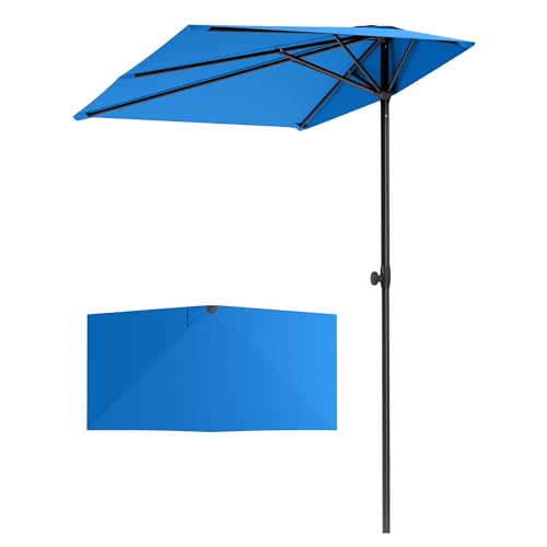 PHI VILLA 2.5x1.3m Half Parasol with Clamp Height Adjustable Patio Umbrella Space Saving Rectangle Garden Parasol Sun Shade UV50+ Protection for Garden Balcony Blue