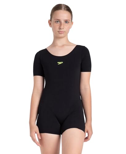 Image of Speedo Girl's Endurance+ Sleeved Essential U-Back Legsuit - Black & Hyper Yellow