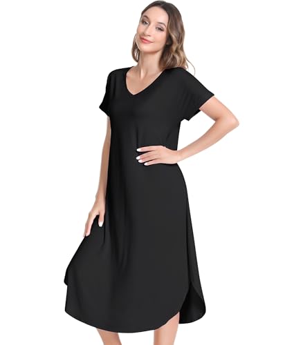 Image of NACHILA Nightgowns for Women-Viscose Made from Bamboo,Short Sleeve Nightshirts Satin V Neck Sleep Dress Loose Sleepwear