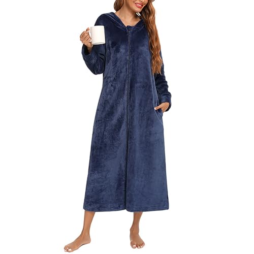 Flodxo Bademantel mit Reißverschluss für Damen, flauschig, Fleece, superweich, Kapuze, Plüsch, lange Länge, warm und gemütlich, Loungewear