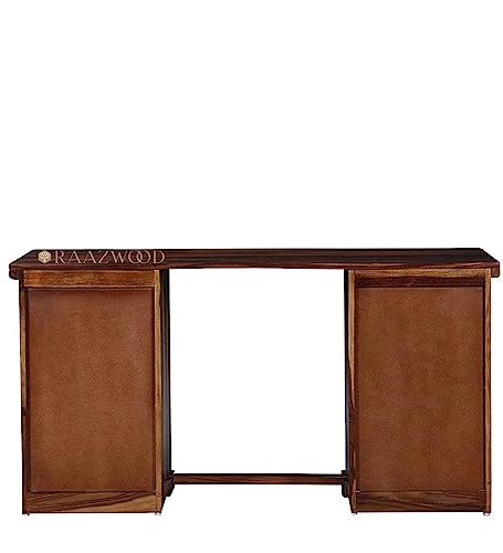 Image of Sheesham Wood Wooden Simple Office Cum Computer Table with Three Drawer and Single Door Cabinet with Leg and Keyboard Support in Natural Honey in Matte Polished Desk