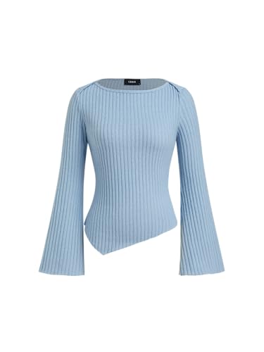 CIDER Women's Boat Neck Tops Bell Long Sleeve Shirts Asymmetrical