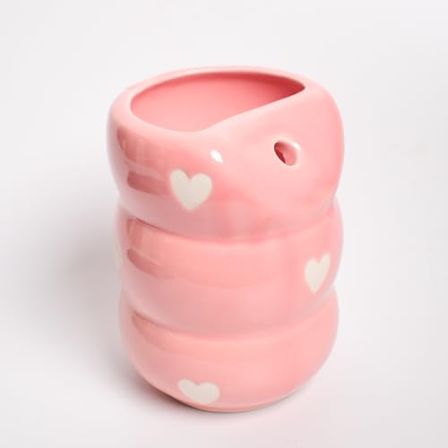 Image of Pink Heart Ceramic Sip Bubble Tumbler with Stainless Steel Straw | Aesthetic, Handmade, Microwave Safe | 220 ML
