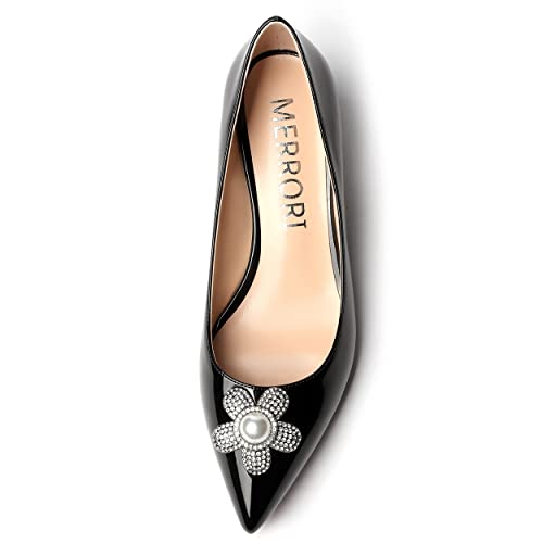 MERRORI Women's Patent Pointed Toe Slip On Solid Rhinestone Flower Block Chunky Low Heel Pumps Shoes 2 Inch3