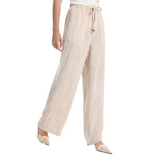 Wide Leg Linen Pants with Drawstring, Casual Palazzo Style, Beige and Black4
