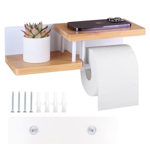 EFUTURETIME Porte Papier Toilette Mural en Bambou avec Étagères sans Perçage 31.5×12.5×8.5 cm Dérouleur Papier Toilette Adhesif ou à Percer pour Salles...