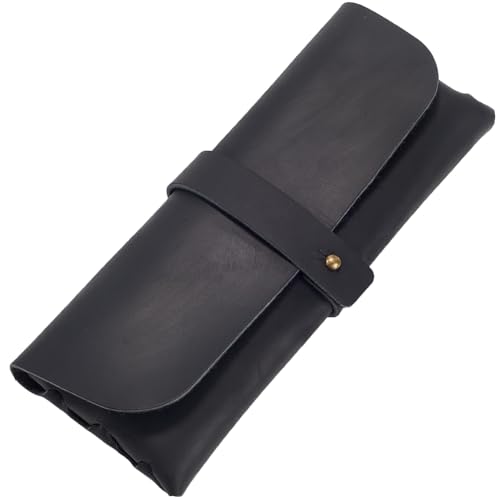 GORGECRAFT Retro Black Crazy Horse Leather Pencil Case Genuine Leather Snap Cover Pen Cases Large Capacity Leather Pencil Pouch Vintage Holders for Pen Pencils Men Women Glasses Sunglasses