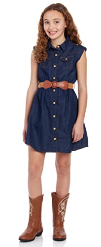 dollhouse Girls' Belted Denim Dress – Durable Collar Button Up Jean Dress for Girls (Sizes: 7-16)