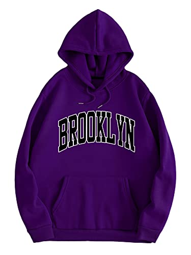 COZYEASE Men's Oversized Letter Graphic Drawstring Casual Hoodies Long Sleeve Vintage Street Hoodie Sweatshirts Purple L