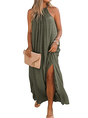 FARORO Sleeveless Long Dress for Women Boho Halter Maxi Sundress Casual Loose Dresses Split Cover Up Gown with Pockets