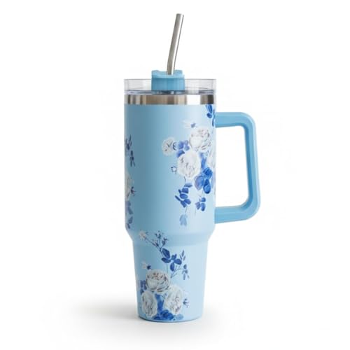 Image of Silver Shark Insulated Tumbler with Straw and Handle |Color Blue Flower| 1200 ML