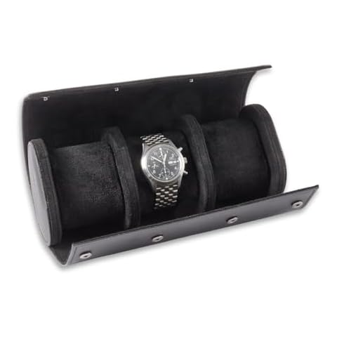 Milani Leather Watch Roll - Luxury 3 Watch Travel Case for Men, Women, Genuine Leather with Soft Velour Lining and Snap Closure - Black Cover