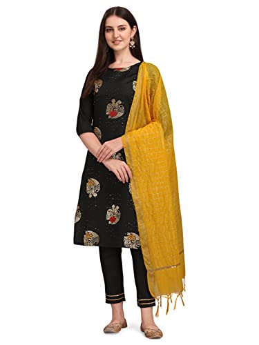 Image of VredeVogel Cotton Silk Blend Straight Embroidery Kurta Pant and Dupatta Set for Women