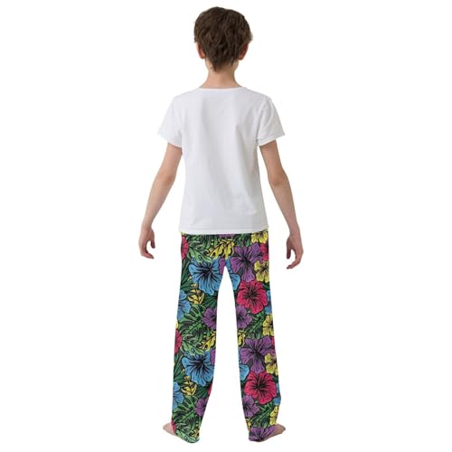 ZZXXB Colorful Print Hibiscus Flowers Boys Long Pants Soft Trousers Elastic Waist Kids Lounge Bottoms with Pockets S-XL3