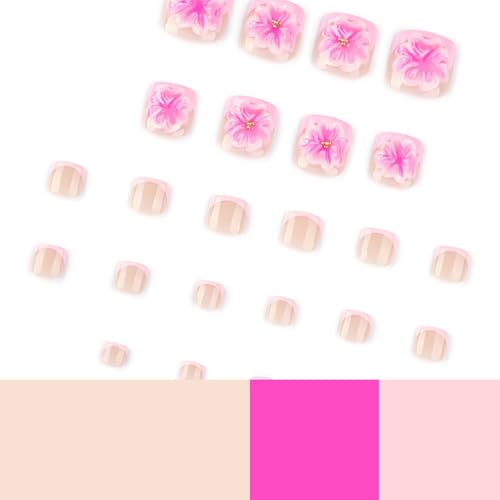 Image of Pink 3D Flower Press on Toenails Short Square Fake Toe Nails with Floral Design Glossy Full Cover Pink French Tip Stick on Toenails for Women Spring Manicure 24Pcs