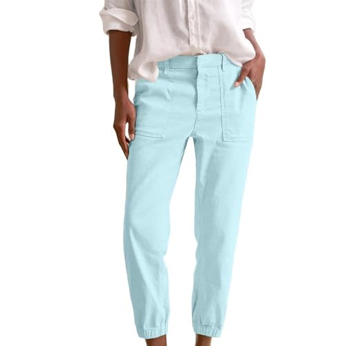 Women Linen Joggers High Waisted Tapered Leg Cropped Chino Dress Pants with Pockets Casual Fall Comfy Cute Travel Slacks