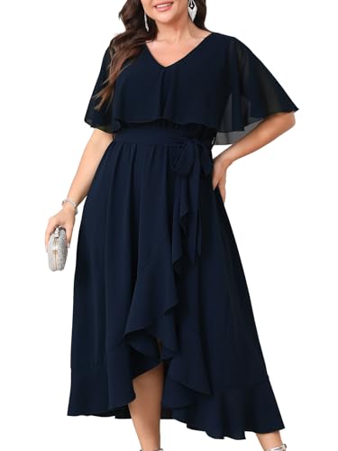 Image of Women Plus Size Long Formal Dress Short Sleeve Chiffon Ruffle V Neck High Low Split Wedding Guest Maxi Dresses