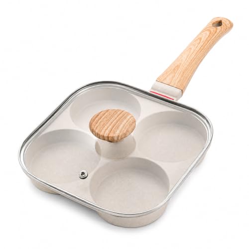 Image of 4 Hole Egg Frying Pan with Glass Lid, Non Stick Egg Poacher Pan,Multi Section Omelette & Pancake Maker, Granite Coating Breakfast Fry Pan,Induction Compatible,Wooden Handle, Egg Cooker Skillet