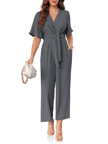 Cicy Bell Women's Elegant V Neck Jumpsuits Dressy Casual Short Sleeve Wide Leg Long Pants Rompers